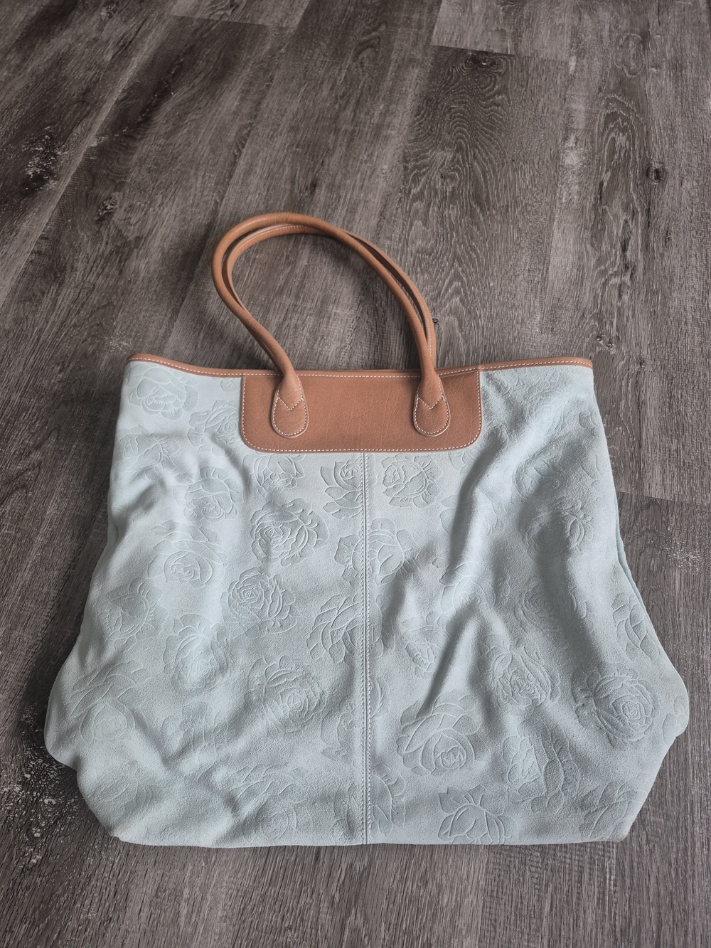 Coldwater Creek Light Blue Floral Tote with Tan Handles